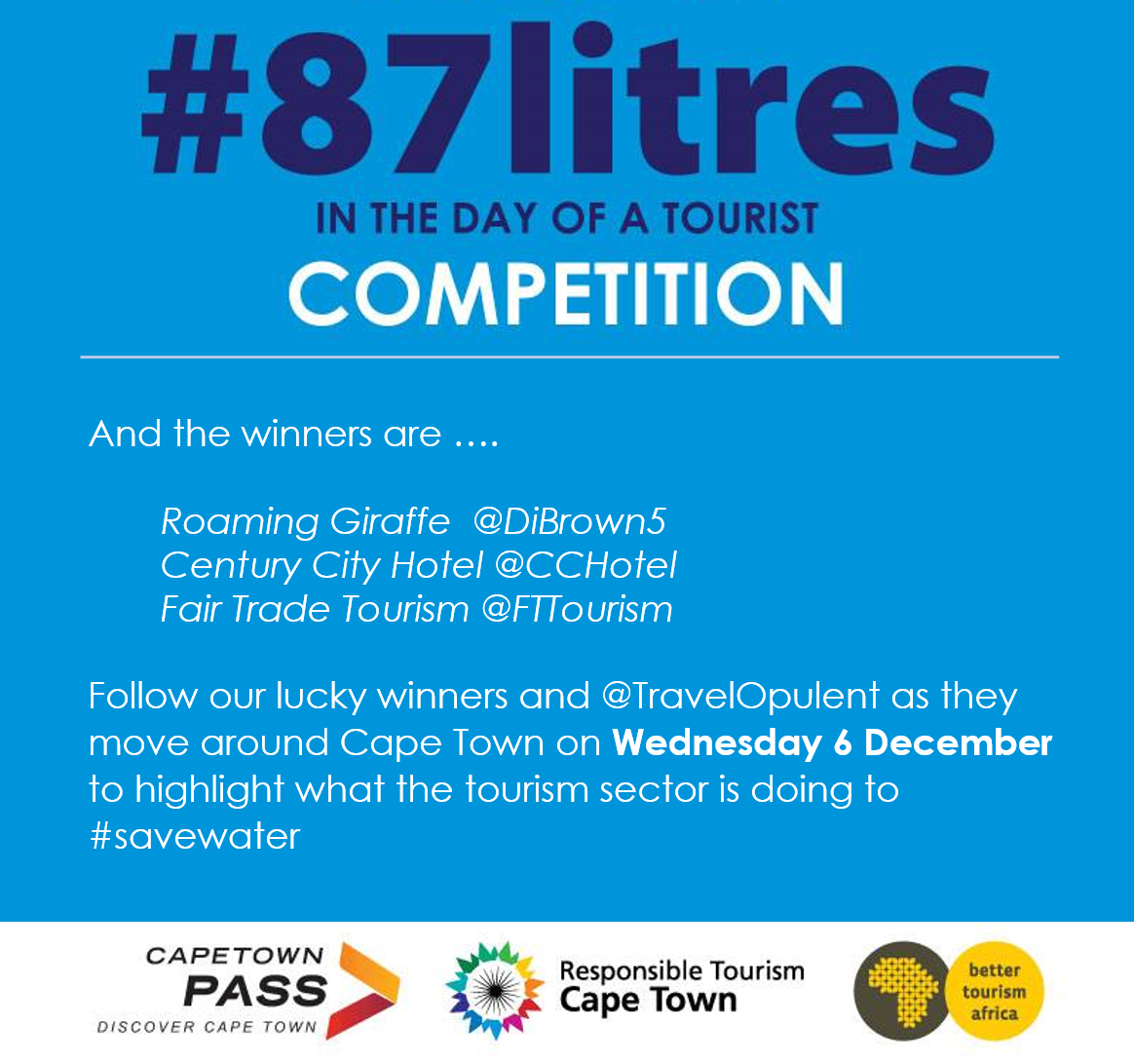respCPT's tweet photo. We're SO excited to announce the winners of 3 X @CapeTownPass in the #87litres competition - @DiBrown5 @FTTourism @CCHotel + @travelopulent will roam @CapeTown on 6 December to show how tourism businesses #savewater @Airbnb @alanwinde @Wesgro #WeDoTourismSustainably https://t.co/A3q06AwXI2