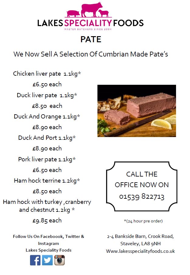 LakesSpeciality's tweet photo. This weeks Special Offers From LSF, Cumbrian Pate
Call the office now on 01539 822713 https://t.co/W6je74Cgu1