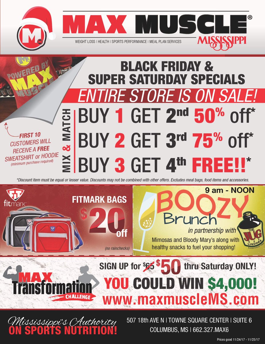 MaxMuscleMS's tweet image. The BIGGEST SALE of the year is back for 2017!!! #BlackFridayWeek #biggestsaleoftheyear #maxmusclems #boozybrunch #thejug