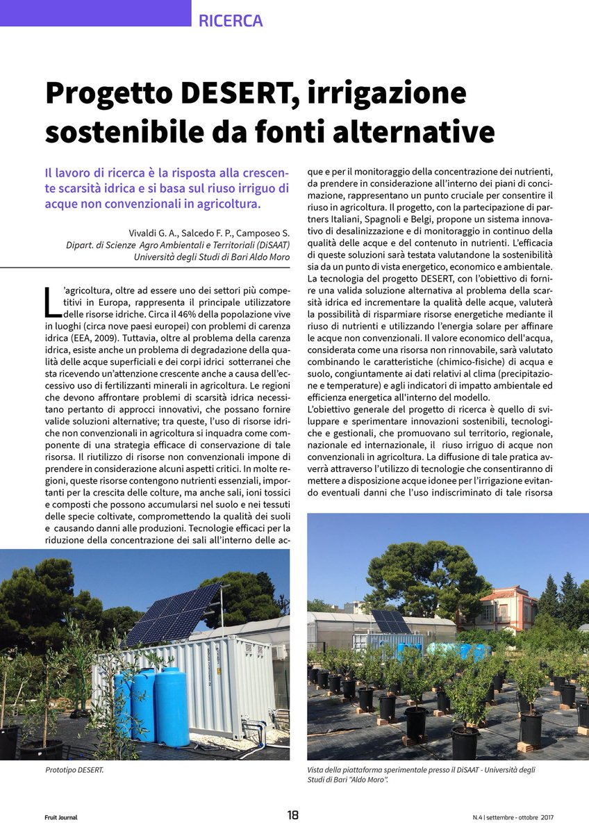 DesertProject's tweet photo. Progetto #Desert, irrigazione sostenibile da fonti alternative. Il programma #EraNet #WaterWorks a sostegno di misure Innovative per contrastare la siccità @MiurSocial #Bari #Puglia #Italia https://t.co/SzdkP1Yzhq