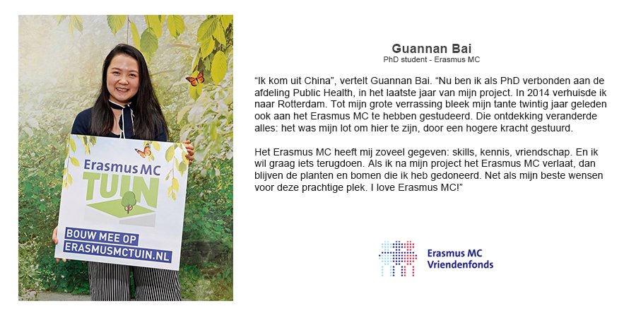 EMCfoundation's tweet photo. “Ik kom uit China”, vertelt Guannan Bai. “Het @Erasmusmc heeft mij zoveel gegeven: skills, kennis, vriendschap en ik wil graag iets terugdoen!” Lees meer over Guannan ↓ https://t.co/ZT0mKbtwAO #daktuin #groenmaaktbeter #co2 #milieu #rotteram #erasmustuin https://t.co/KXQMvdvKRU