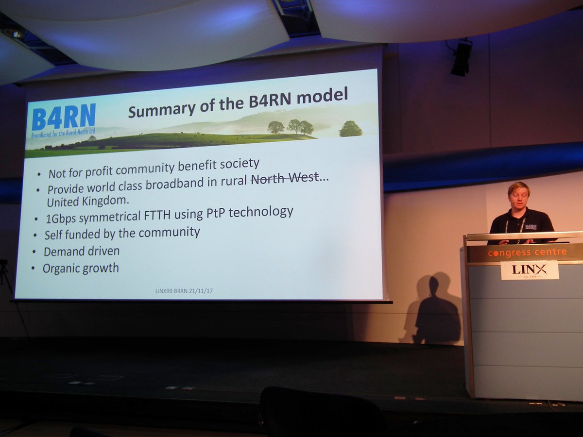 LINX_Network's tweet photo. We're into the afternoon session now on day 2 of #LINX99. Tom Rigg of Broadband for the Rural North (B4RN) who is presented a network update and details on community driven full fibre rollout https://t.co/1NlYhETZ2O