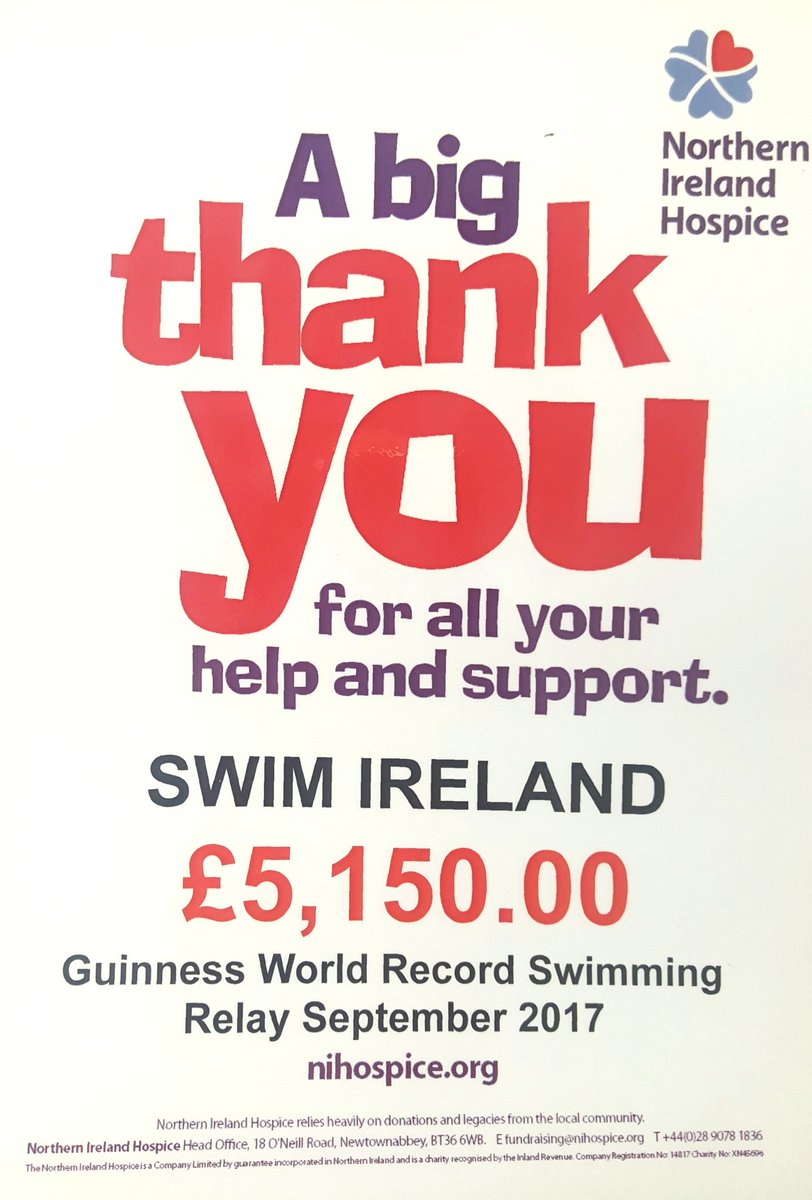 swimireland's tweet photo. We were delighted to raise money for such a great organisation @NIHospice for our #GWR attempt- Thank YOU for all of the great work you do! A massive thanks to all of our swimmers &amp; to those who donated! https://t.co/a3UFwpMREV