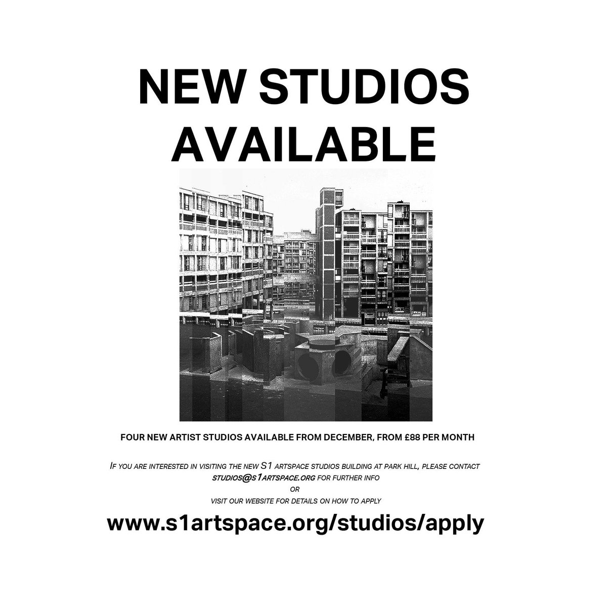 S1 Studios (@s1_studios) on Twitter photo We are also currently accepting studio applications for our soon to be completed new building in Phase II of S1 Artspace at Park Hill! 
Available in the coming weeks from £88 pcm
s1artspace.org/studios/apply/ We are also currently accepting studio applications for our soon to be completed new building in Phase II of S1 Artspace at Park Hill! 
Available in the coming weeks from £88 pcm
s1artspace.org/studios/apply/