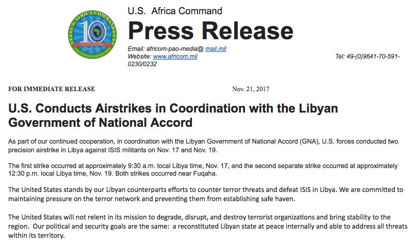 .<a href="/USAfricaCommand/">U.S. Africa Command (AFRICOM)</a> has been busy. One strike in #Somalia -edition.cnn.com/2017/11/21/pol… - and one in #Libya.