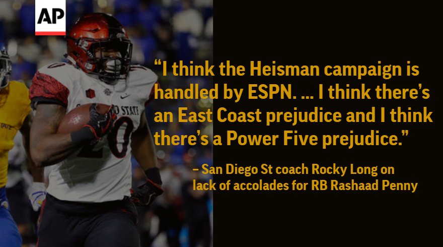 AP_Top25's tweet photo. San Diego State says NCAA rushing leader Rashaad Penny getting snubbed for awards, accolades @berniewilson https://t.co/YQWDAkbMWN https://t.co/JTxdbIrlgl