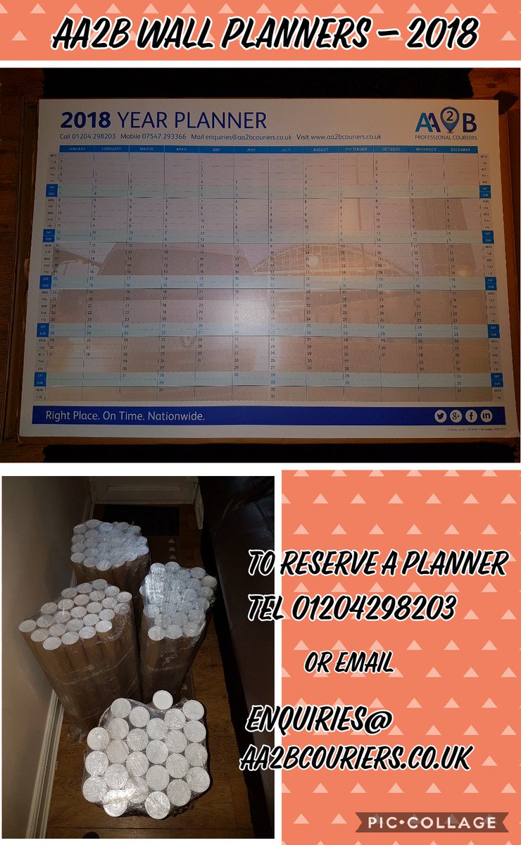 AA2B_Couriers's tweet photo. Our wall planners are a key feature in numerous offices around the North West and the UK.
Our 2018 Planners are looking sharp and are ready to be sent out
#aa2b #specialist #logistics https://t.co/yRBUOa1r0h