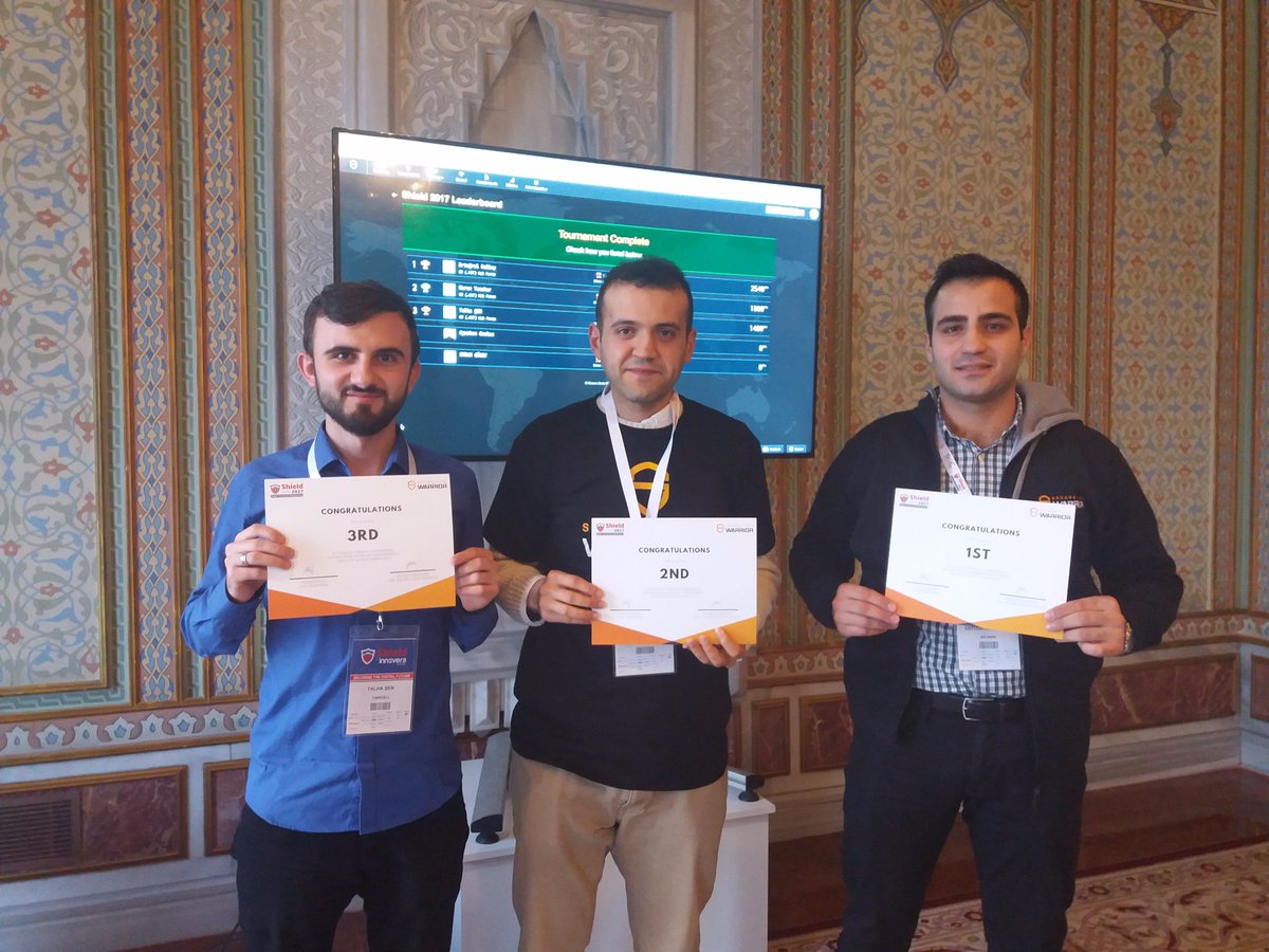 SecCodeWarrior's tweet photo. Congratulations to our Tournament winners: Ertuğrul Dalboy in 1st place, Harun Tamokur in 2nd place and Talha ŞEN in 3rd place #securecodewarrior #SHIELD2017 https://t.co/gBSZ0gbTzn
