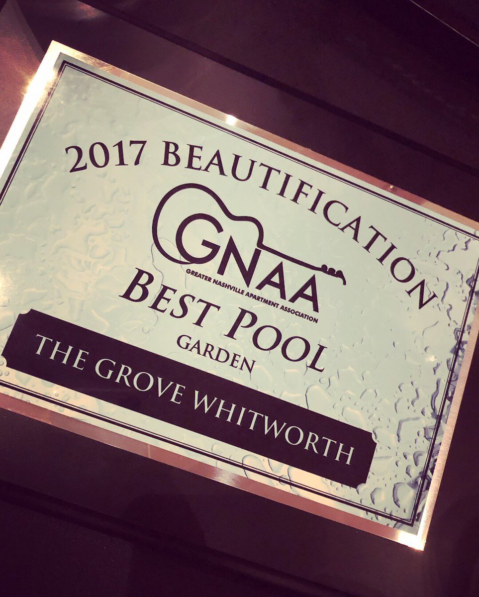 NTSGrove's tweet photo. We are so honored to have been recognized at the @nashaptassoc awards banquet this weekend! The Grove took home 2 awards: 1st Place Overall for Beautification &amp; Best Pool! 🏆🏆#GNAAawards #Nashville https://t.co/M5BsJ4x7fJ