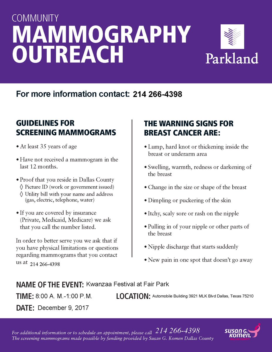 PrismHealthNTX's tweet photo. #TestingTuesday #BreastCancerScreening @ #KwanzaaFest BOTH days 12/9 &12/10. #MobileMammography @ #FairPark next to Automotive Bldg. More details in flyers below. Pre-registration encouraged! Sponsored by #SusanG Komen Dallas County. #Mammogram #Parkland #MethodistHospital https://t.co/dZrsOKTFDL