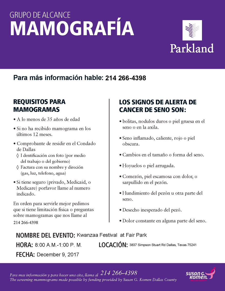 PrismHealthNTX's tweet photo. #TestingTuesday #BreastCancerScreening @ #KwanzaaFest BOTH days 12/9 &12/10. #MobileMammography @ #FairPark next to Automotive Bldg. More details in flyers below. Pre-registration encouraged! Sponsored by #SusanG Komen Dallas County. #Mammogram #Parkland #MethodistHospital https://t.co/dZrsOKTFDL