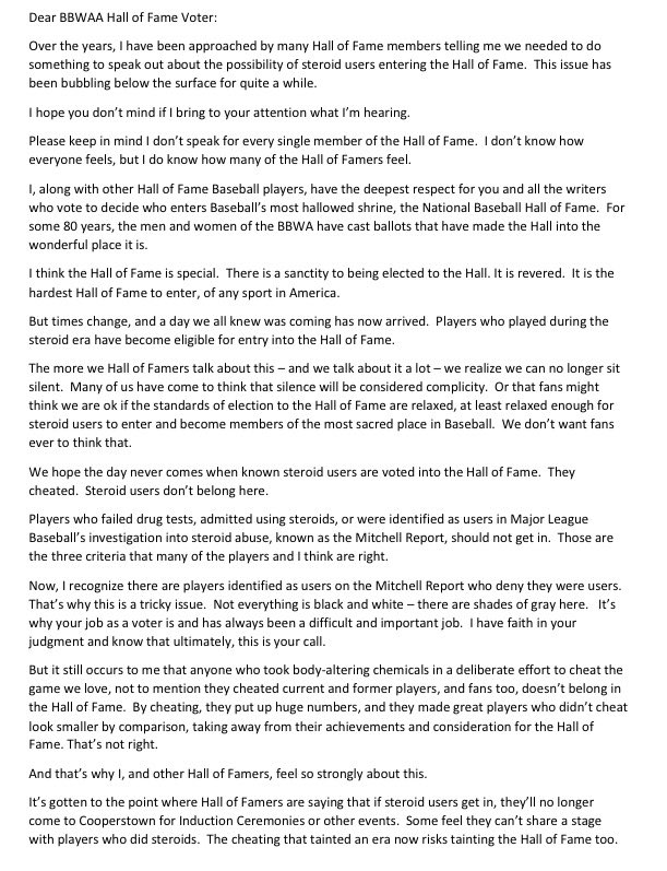ShiDavidi's tweet photo. Hall of Fame vice chairman and HOF 2B Joe Morgan sends out letter urging voters to keep steroid users out. https://t.co/Qwq6xj1IlI