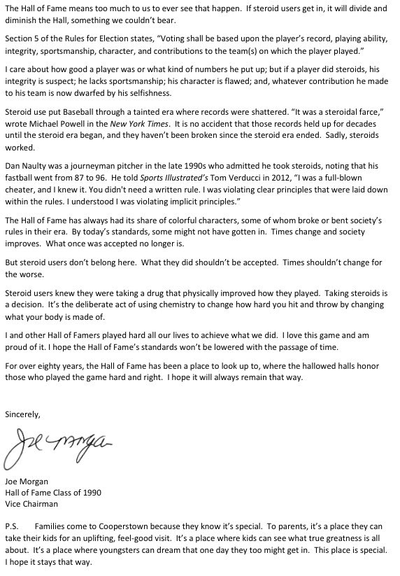 ShiDavidi's tweet photo. Hall of Fame vice chairman and HOF 2B Joe Morgan sends out letter urging voters to keep steroid users out. https://t.co/Qwq6xj1IlI