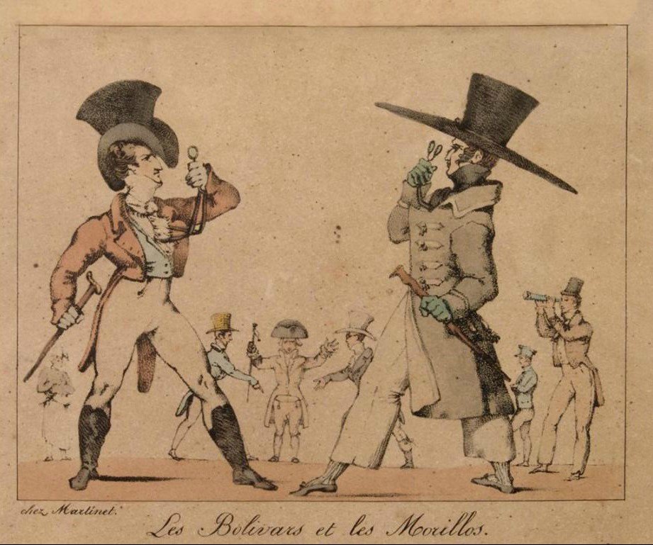 HistoriaPapeles's tweet photo. Litografía humorística que representa a Morillo (izquierda) y Bolívar (derecha) y el apoyo de la sociedad francesa a la contienda en América. París, entre 1819-1820, colección del Museo Cuadra de Bolívar. https://t.co/9CjYKw67YA