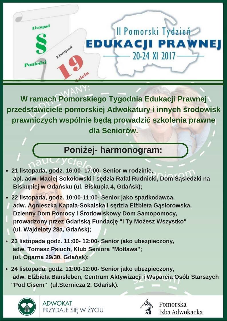 adwokatprzydaje's tweet photo. Trawa II edycja Pomorskiego Tygodnia Edukacji Prawnej! Szkolenia zaplanowane dla Seniorów mają na celu podniesienie świadomości prawnej oraz przeciwdziałanie wykluczeniu prawno-społecznemu osób starszych. Wstęp na szkolenia jest otwarty! Zapraszamy! https://t.co/qyZciLF2BE