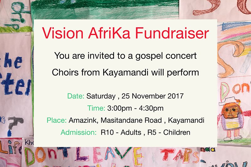 This Saturday Afternoon please support The Vision AfriKa Primary parent funding committee's Fundraising Concert. 

Date: 25 November
Venue: Amazink
Fee: R10

We hope to see you there :) 

#VisionAfriKa
#FairChance
#Fundraising
#Inspiring_Dreams
