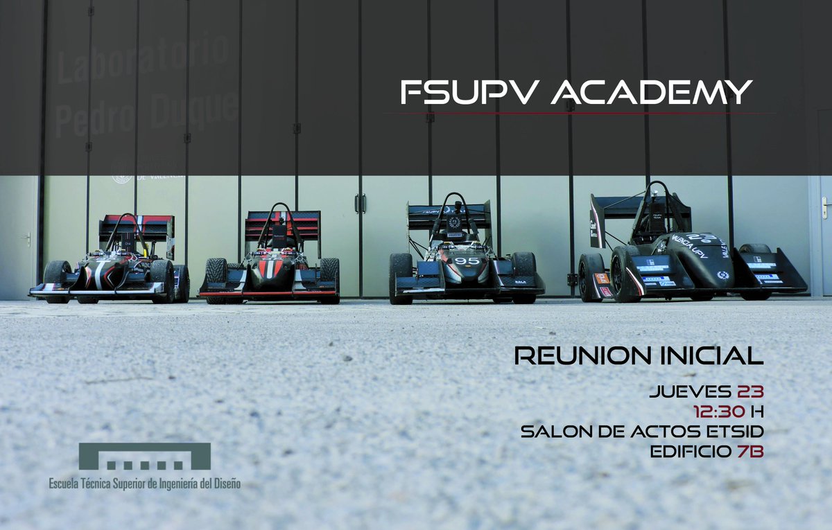 FSUPVteam's tweet photo. You all are invited to our first official meeting of FSUPV Academy!

All of you who are interested in the formula student world can come to see us at the @ETSID ’s hall next Thursday 23 at 12:30h. 

#FSUPVTeam #FSUPV https://t.co/crAbBSQS9U