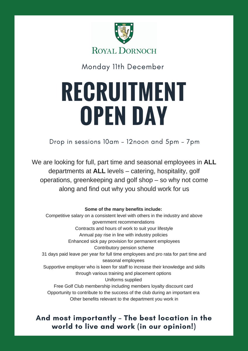 RoyalDornochGC's tweet image. **Recruitment Open Day** Please share / tag someone you think would be interested in coming along to this ⛳️ #Jobs #Vacancies #Employment