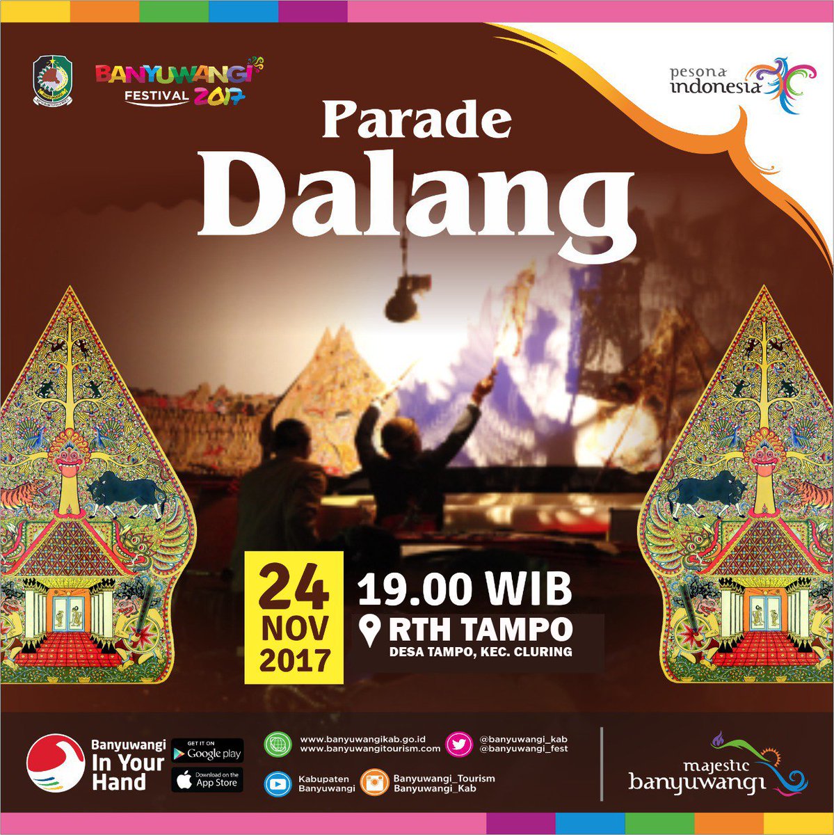 desatampo's tweet photo. JANGAN LUPA SAKSIKAN @banyuwangi_fest 2017 " PARADE DALANG " 24 NOV 2017 DI RTH TAMPO, DESA TAMPO @a_azwarnas @yoppy_bayu @banyuwangi_kab @pesona_indonesia @indtravel @pesonaid_travel @Kemenpar_RI @e_wayang @InformasiBWI @EventBwi https://t.co/hgdv62Pf71