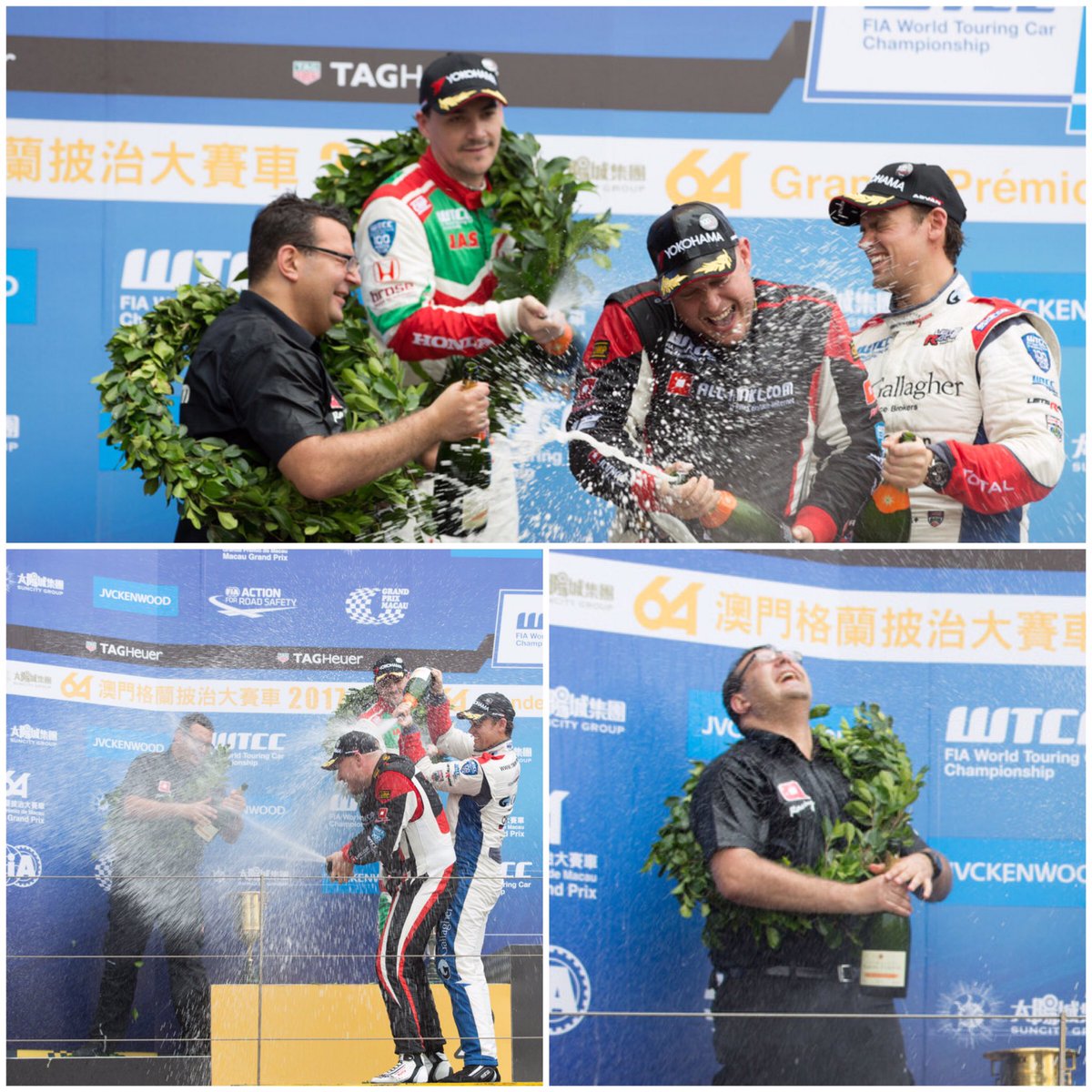DominikGreiner's tweet photo. What a race weekend with the @allinklracing crew. Mega Mega Mega win in the main race and thanks for the shower to @Huffsport @TomChilton_ @michelisz ! #MacauGP2017 @FIA_WTCC @fia https://t.co/2ajowq4dz8