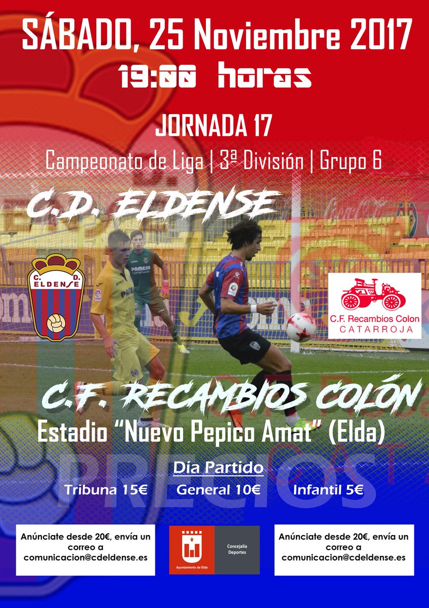 CD_Eldense's tweet photo. ¡¡Ya está confirmado!! No faltes al siguiente encuentro de tu equipo, ¡¡aunque sea sábado!!

📌 Estadio "Nuevo Pepico Amat" 
⚽ #CDEldense - Recambios Colón Catarroja
📅 Sábado 25 noviembre 
⏰ 19:00 https://t.co/wml1XbYkTy