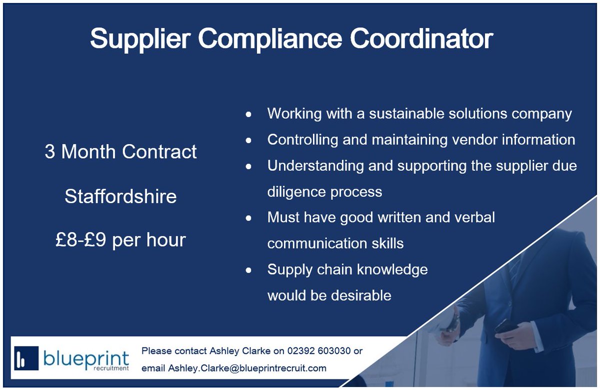 BPRecruitUK's tweet photo. **New Opportunity** We are seeking a Supplier Compliance Coordinator to join a sustainability solutions company on a 3 month contract basis in Staffordshire! View our website for details: https://t.co/tuUfqZYW8Q https://t.co/IJLrpQhqPo
