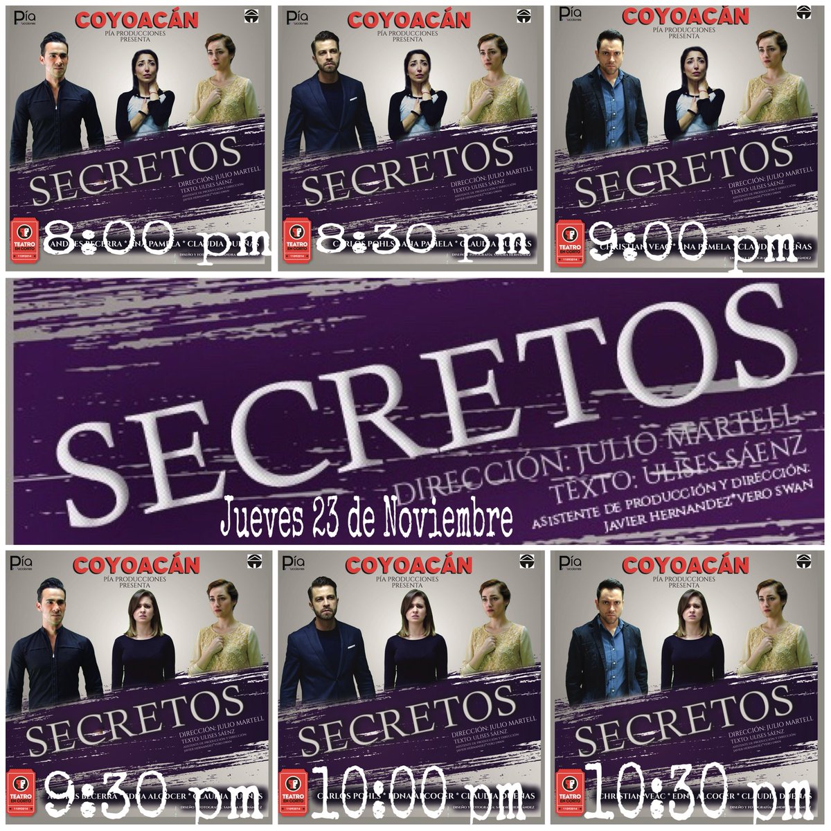 VaDeNuezTC's tweet photo. Este JUEVES 23 de Noviembre vive el REESTRENO de @Secretos_TC en @TeatroEnCorto #Coyoacán aquí el rol de ese día con @andresbecerra @AnaPamelaOf @Claudiaelenada @pohlscarlos @christianveac @EdnaAlcocer  TE ESPERAMOS #EnCorto https://t.co/7goUJc6NUI