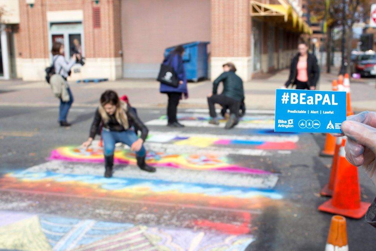 BikeArlington's tweet photo. Has anyone seen the colorful chalk crosswalk in Courthouse?! @ArlingtonPAL Ambassadors were busy this weekend! #BEaPAL #arlingtonva #arlingtonwalks @WalkArlington https://t.co/20AkHE1trw