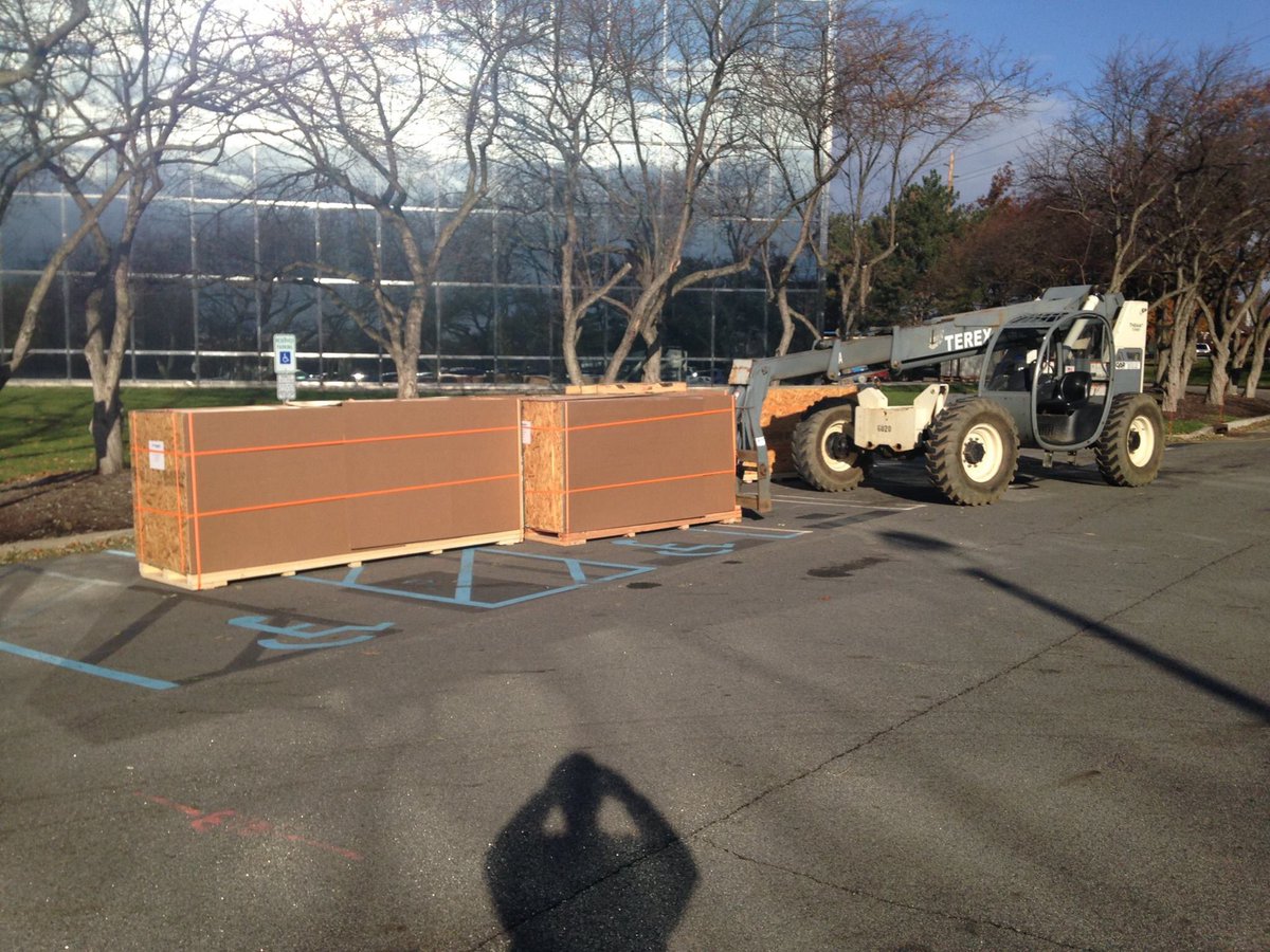 e3northeastern's tweet photo. New sound booth construction - notice the crates forklifted through the 2nd floor window. #wecanmakeanythingwork https://t.co/Epvr9l1H9F