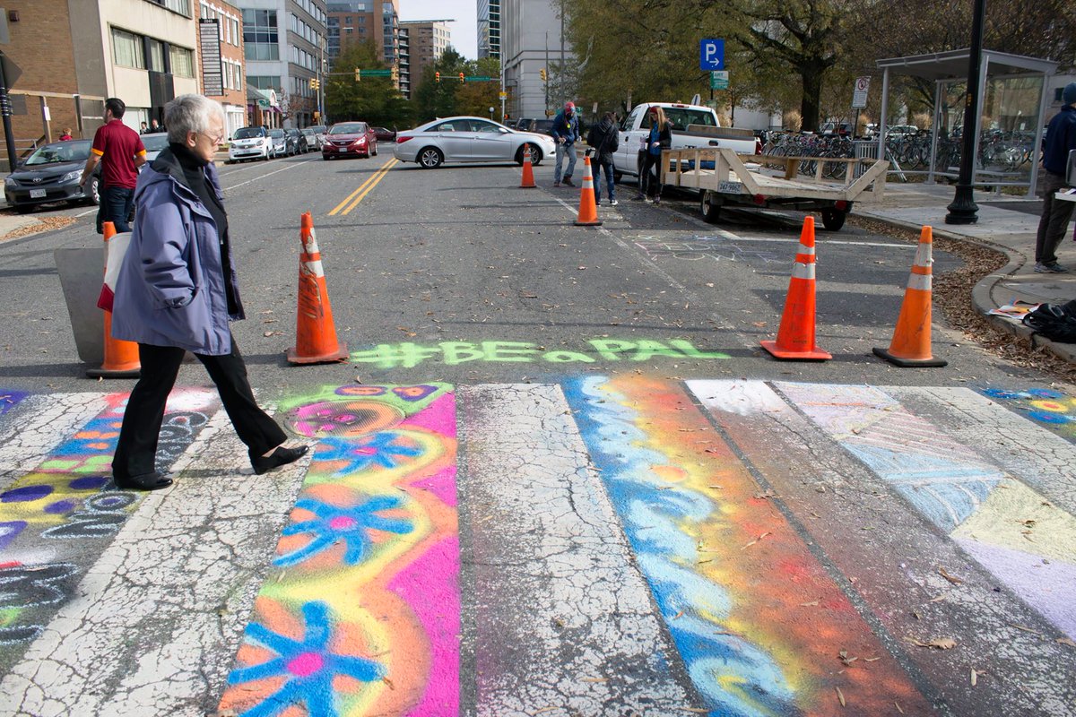BikeArlington's tweet photo. Has anyone seen the colorful chalk crosswalk in Courthouse?! @ArlingtonPAL Ambassadors were busy this weekend! #BEaPAL #arlingtonva #arlingtonwalks @WalkArlington https://t.co/20AkHE1trw