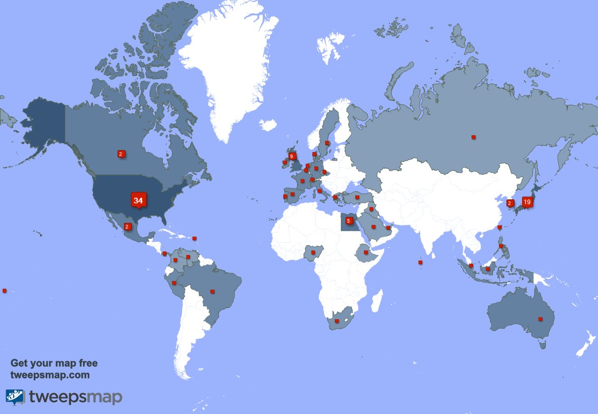 My followers live in USA (34%), Japan(19%)... Get your free map: tweepsmap.com/!KaiKaiExz