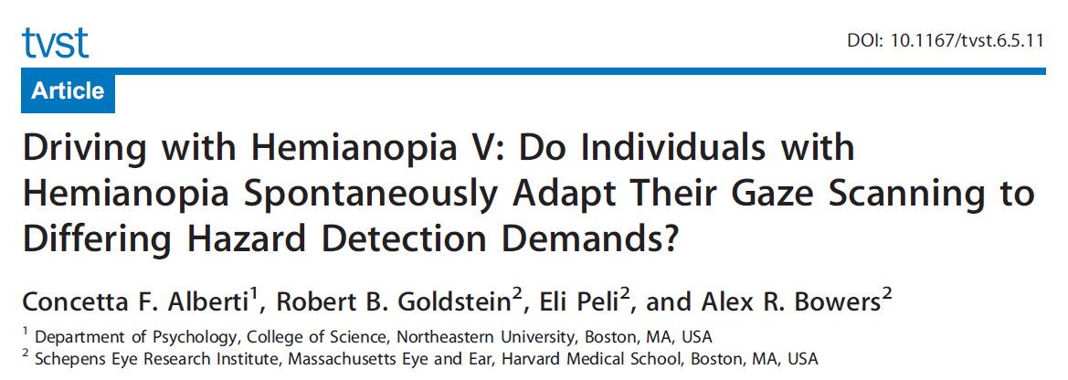 bowers_lab's tweet photo. Our paper "Driving with Hemianopia V: Do Individuals with Hemianopia Spontaneously Adapt Their Gaze Scanning to Differing hazard Detection Demands?" was recently published in @ARVOtvst DOI: 10.1167/tvst.6.5.11 https://t.co/l48D5t9sdN