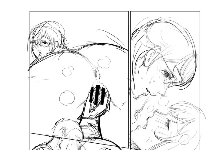 これ(下書き)がこうなる(ペン入れ)
最初の下書きから変えまくるせいで、一見すると同じページに見えない 