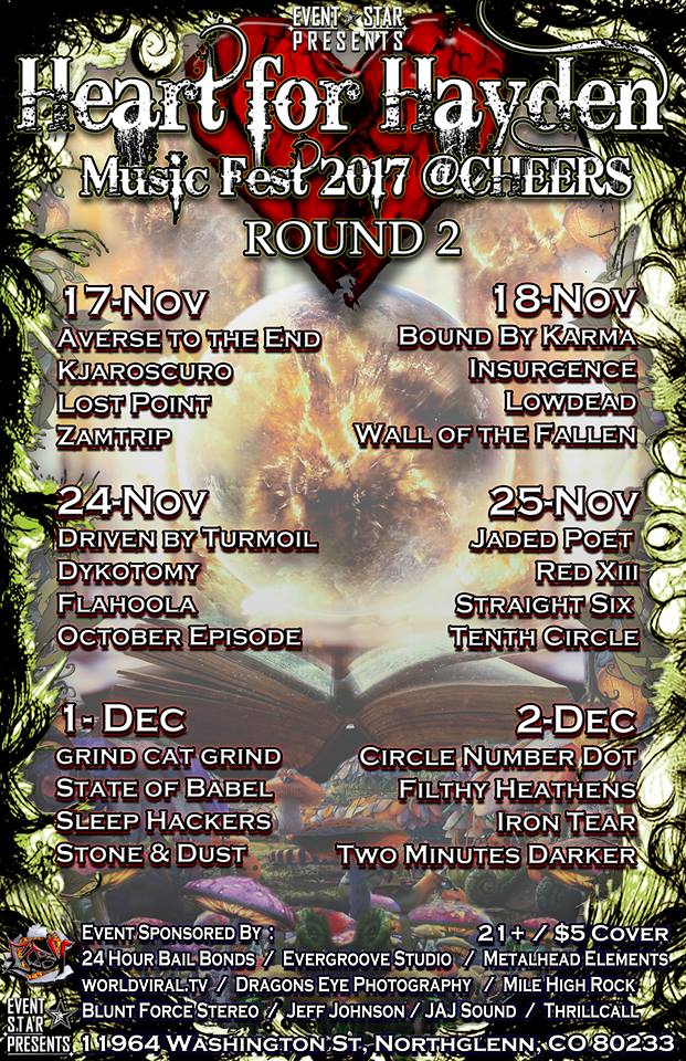 EventStarPro's tweet photo. Win 2 tix to Heart For Hayden Music Fest Round 2 @ Cheers & see #DrivenByTurmoil / #Dykotomy / #Flahoola / & #OctoberEpisode this #BlackFriday Nov 24 2017 or for any upcoming #HeartForHayden #Event on the #Thrillcall #Concert app. https://t.co/0gP6lf4FGO https://t.co/u58T8lODCA
