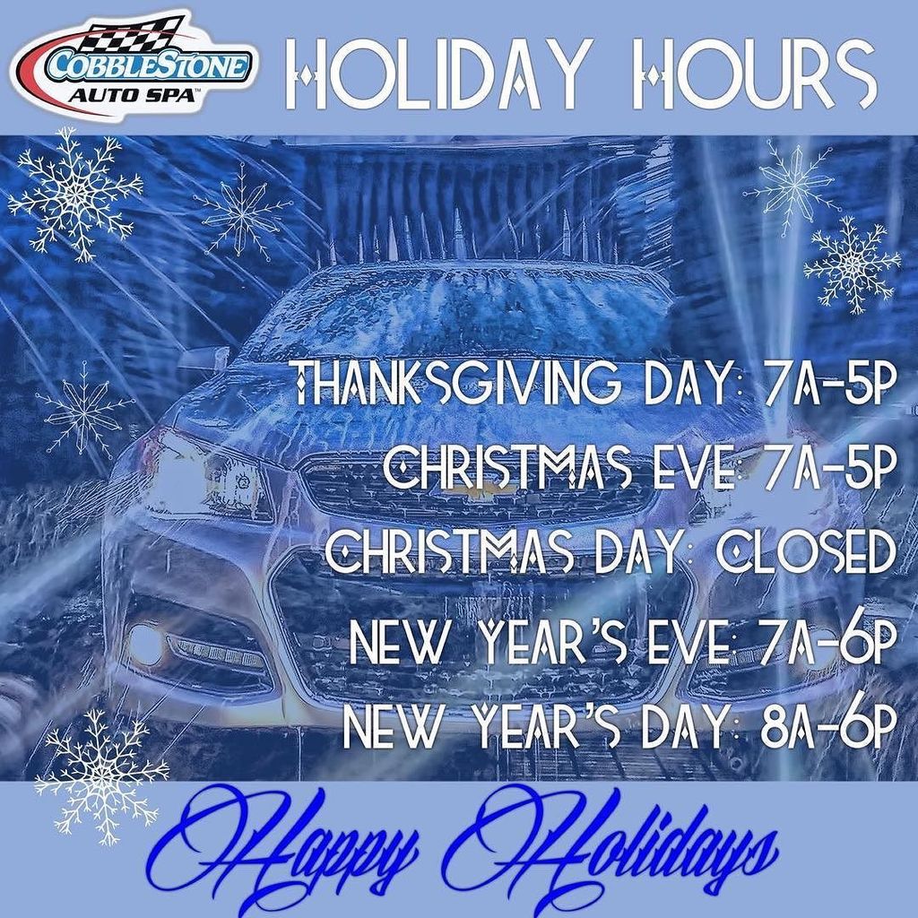 CobblestoneAuto's tweet photo. Wishing everyone happy and safe holidays from #TeamCobblestone! 🍁🏁🎄 Please take note of our HOLIDAY HOURS for all Cobblestone Auto Spa locations:
.
🍗 Thanksgiving Day: 7a-5p
🎅🏼 Christmas Eve: 6a-5p
🎁 Christmas Day: Closed
🥂 New Year’s Eve: 7a-6p
… https://t.co/JUhkPfRsEi https://t.co/wf1OiIb52v