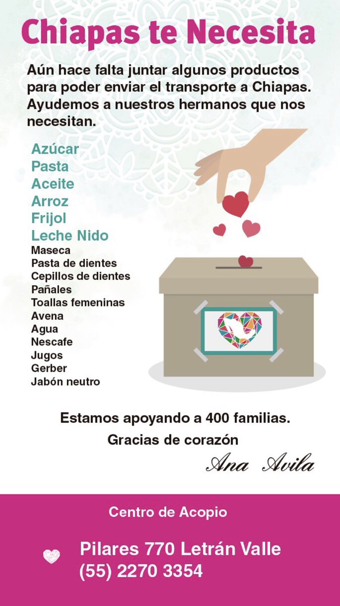 AnaAvilav's tweet photo. El viernes 24 nos vamos a Chiapas! Si quieren seguir ayudando estaremos recibiendo de 11 a 9 pm #AcopioPilares770 #TodosUnidosPorUnBienComun plz RT @En_laDelValle https://t.co/Jo8uY7m63f