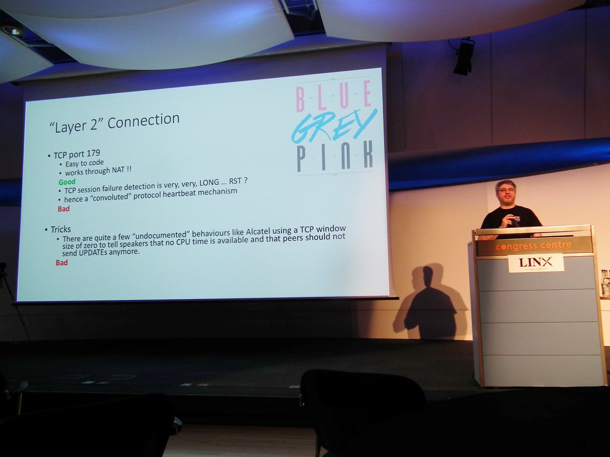 LINX_Network's tweet photo. In the penultimate session of #LINX99 Thomas Mangin of @exanetworks is presenting a talk with ideas on how to improve #BGP (on the wire) https://t.co/a7yAQjj4c1