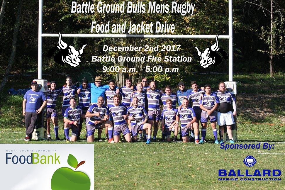 BGBullsRFC's tweet photo. Battle Ground Bulls Mens Rugby will be collecting food and jackets for the North County Food Bank, in front of the Battle Ground Fire Station on December 2nd. Lets clear out hunger. #battleground #bgbullsrfc #community #fooddrive #jacketdrive #rugby #usarugby #teamwork https://t.co/lapGd0CE4G