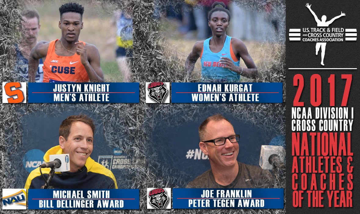 USTFCCCA's tweet photo. Here are the National Athletes &amp; Coaches of the Year in NCAA Division I Cross Country!

MAOTY - @CuseXCTF's Justyn Knight 
WAOTY - @UNMLoboXCTF's Ednah Kurgat 
MCOTY - @NAUTrackFieldXC's Michael Smith 
WCOTY - @UNMLoboXCTF's Joe Franklin

MORE - https://t.co/PPEuAfQru7 https://t.co/EFYhyORKzL