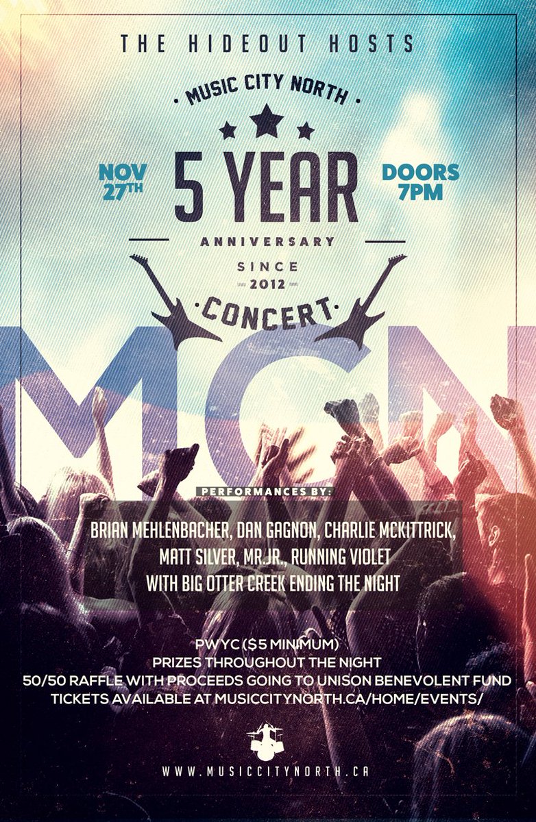 Nov 27 we're celebrating our 5 yr anniversary!!! Join us <a href="/hideouttoronto/">The Hideout Toronto</a> w/ performances by @b_mehlenbacher @mrjrmrjr <a href="/running_violet/">Running Violet</a> <a href="/BigOtterCreek/">Big Otter Creek</a> @thecmacker <a href="/mattsilv3r/">Matt Silver</a>
We've got prizes as well as a 50/50 draw!
Be there! 7pm
We'd love for you to be there!
#Toronto
#livemusic