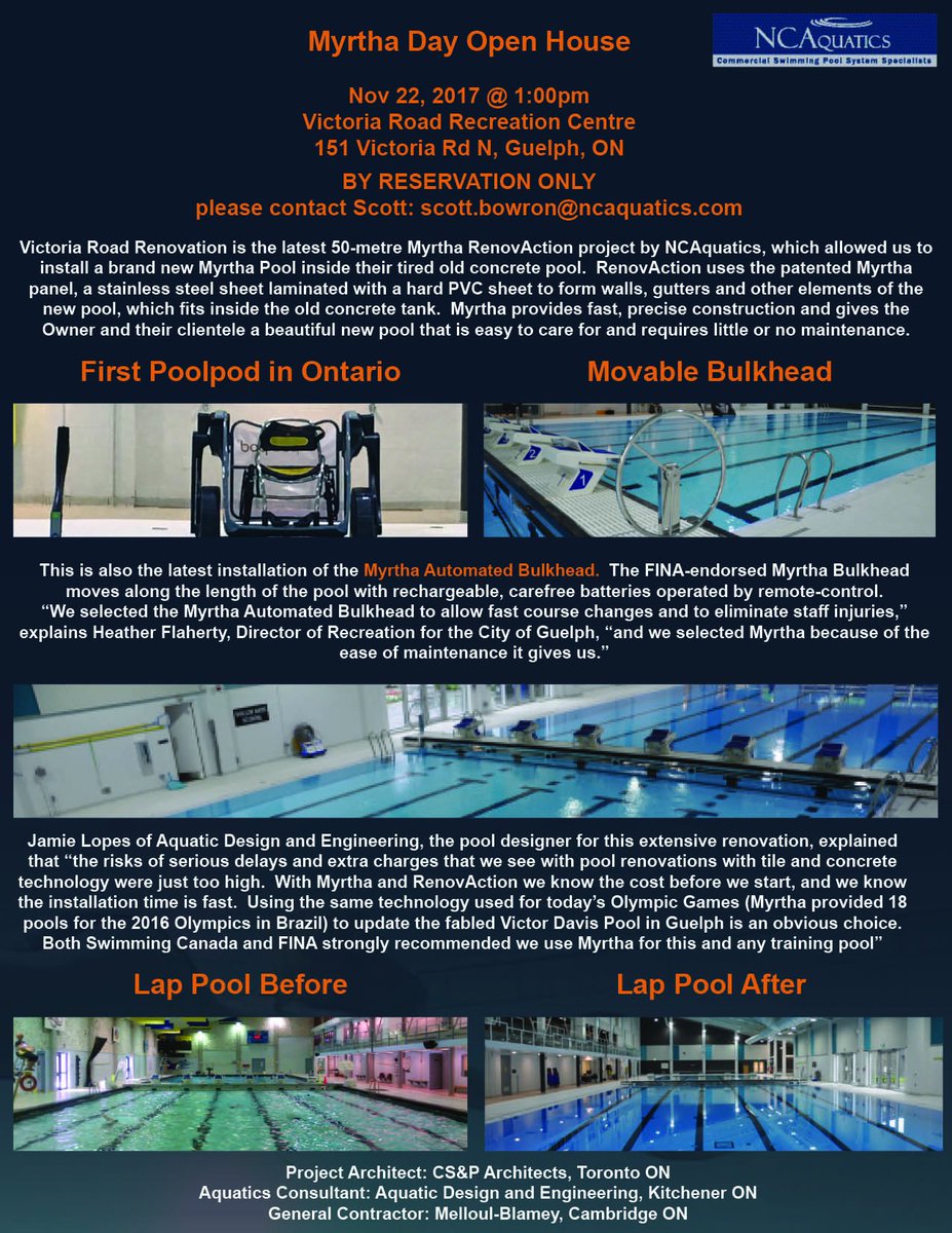 NCAquatics's tweet photo. Attention #Aquatics professionals! On Nov 22nd, we are pleased to offer #Myrtha Day at recently renovated Victoria Road Recreation Centre in Guelph, ON. Join us to learn about #MyrthaRenovAction, tour the facility and check on #movablebulkhead and #Poolpod lift. #swimmingpools https://t.co/LODYskWONT