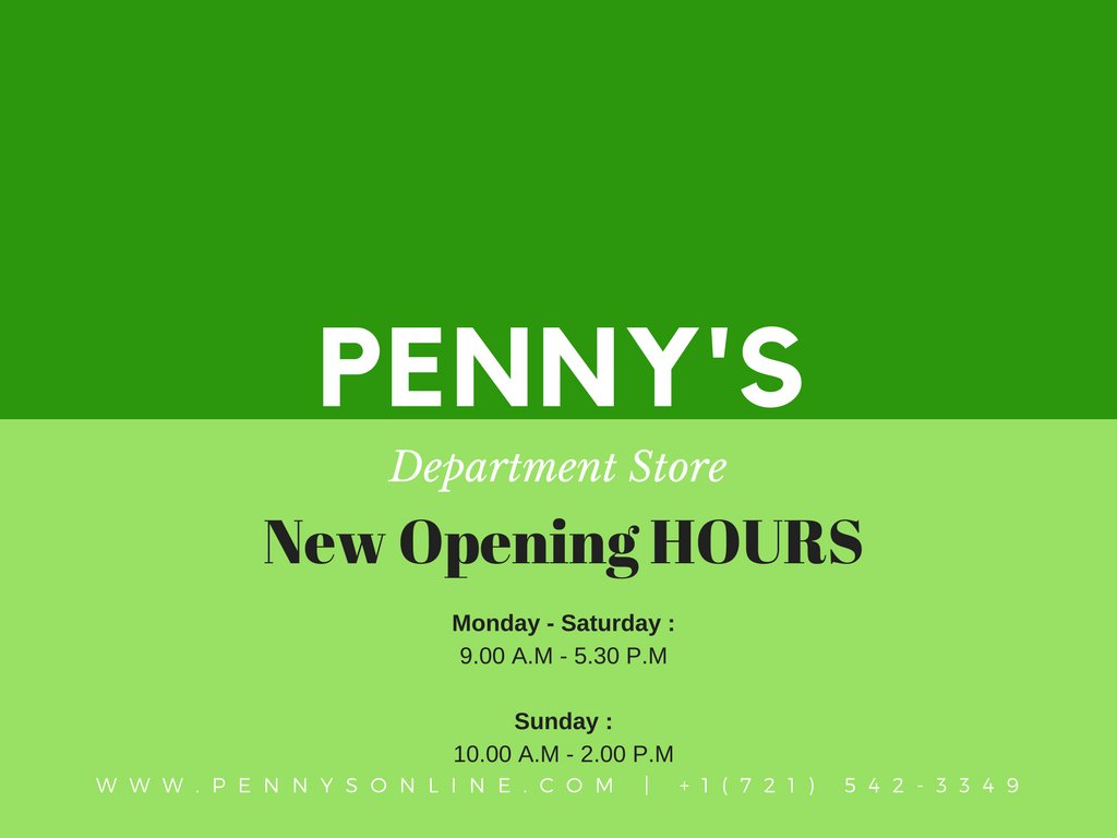 PennysStMaarten's tweet photo. NEW Opening hours at Penny's the BEST St Maarten Department store 
#pennys #stmaarten #departmentstore #sxm #pennysstmaarten
https://t.co/NSzIQW2QBX https://t.co/YmUXwZZYGD