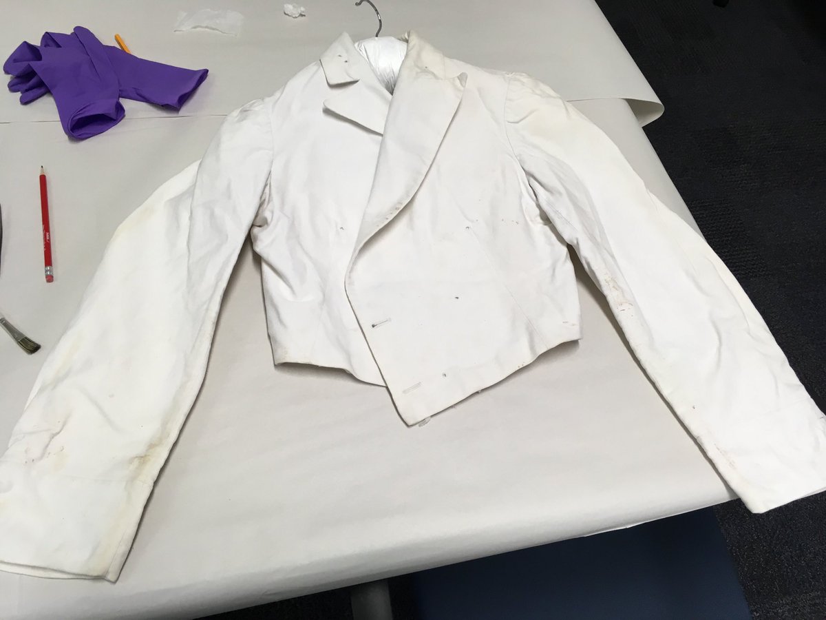 Championwonder's tweet photo. Today's conservation challenge: WW2 white RAF uniform, short jacket, matching white trousers. When & where might it have be worn? Like many uniforms, made by @Burberry #liddlecollection #brothertonlibrary #specialcollections https://t.co/6A3mJkEdwQ