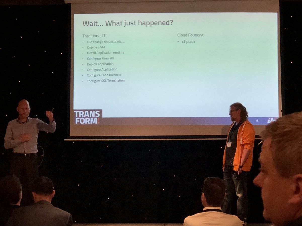 jeffreykusters's tweet photo. @MartinCaarels and @vChrisR demoing the power of @pivotal ‘cf push’ #CloudNative #Transform17 https://t.co/H7XSGBei1d