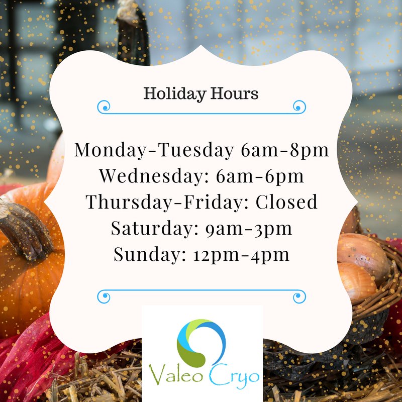 ValeoCryo's tweet photo. Our hours for this week! #cryo #cryotherapy #valeocryo https://t.co/lxqyF5TmYi