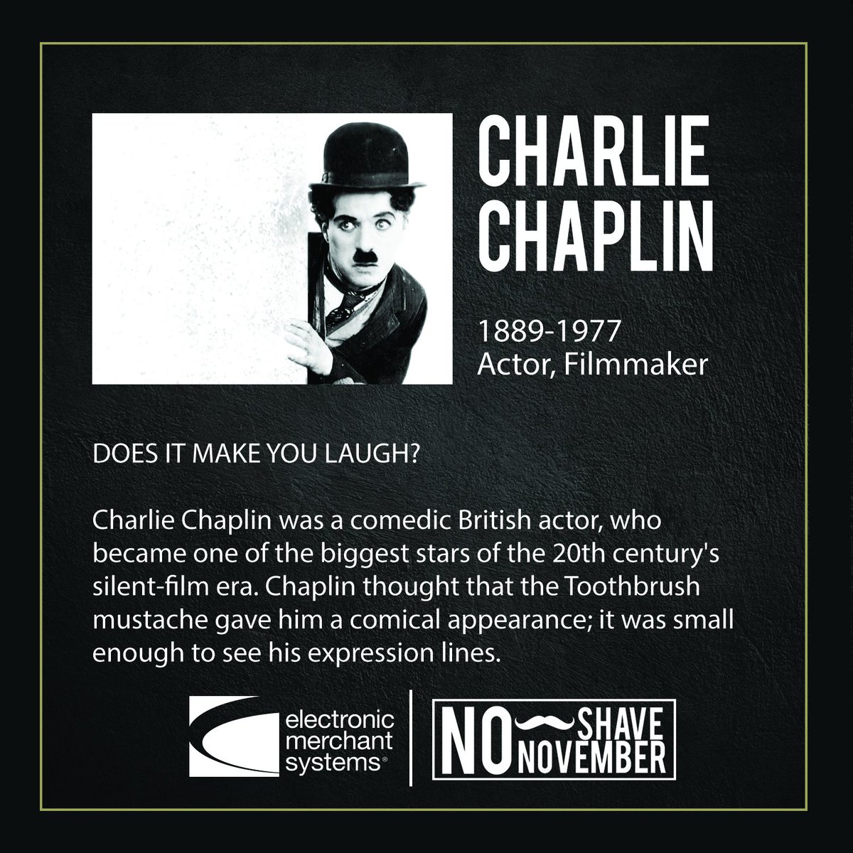 kurvpayments's tweet photo. Does Chaplin's mustache make you laugh? #Movember #EMSCares #SwipeOutCancer
https://t.co/KeRZN1HBWV https://t.co/hcdCMx8I5x