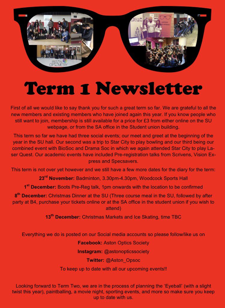 Aston_Opsoc's tweet photo. Our Term One Newsletter is out👓 Feel free to have a read through and if you have any questions or suggestions for next term let us know👓👓 https://t.co/OxggwcLxox