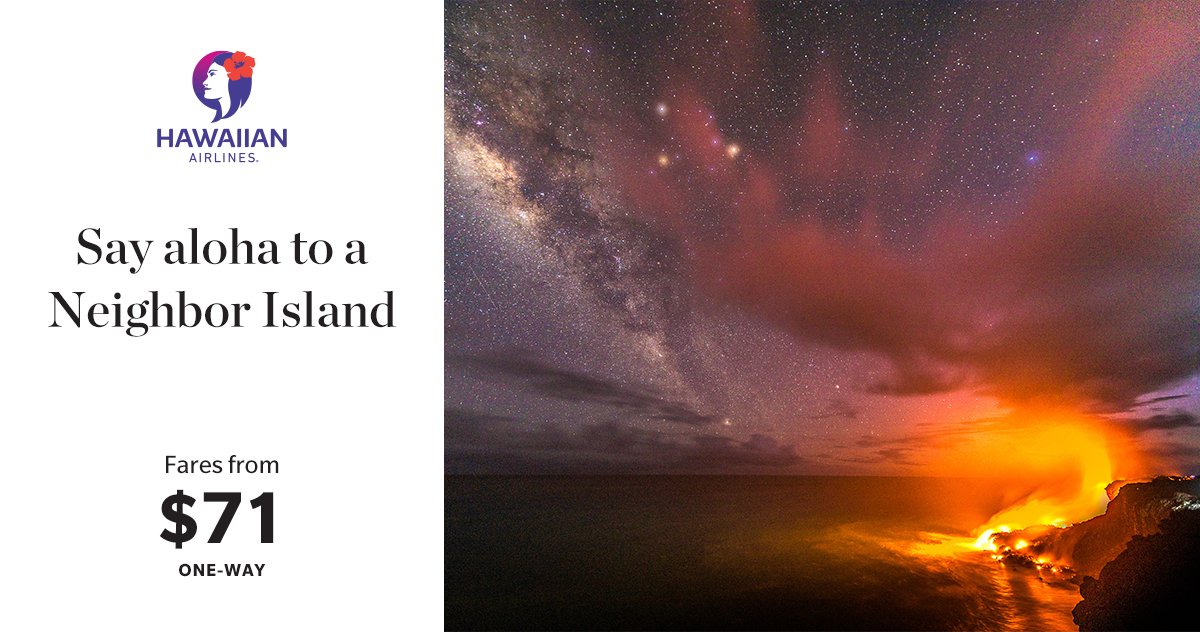 HawaiianAir's tweet photo. Plan a #NeighborIsland trip with flights starting at $71 one-way! Book by Nov. 23, 2017. Travel period: Nov. 27 - Dec. 16, 2017. Fares based on availability. For additional details, visit https://t.co/gQNTLiAcVL #TravelTuesday https://t.co/cc7XkdLQFq