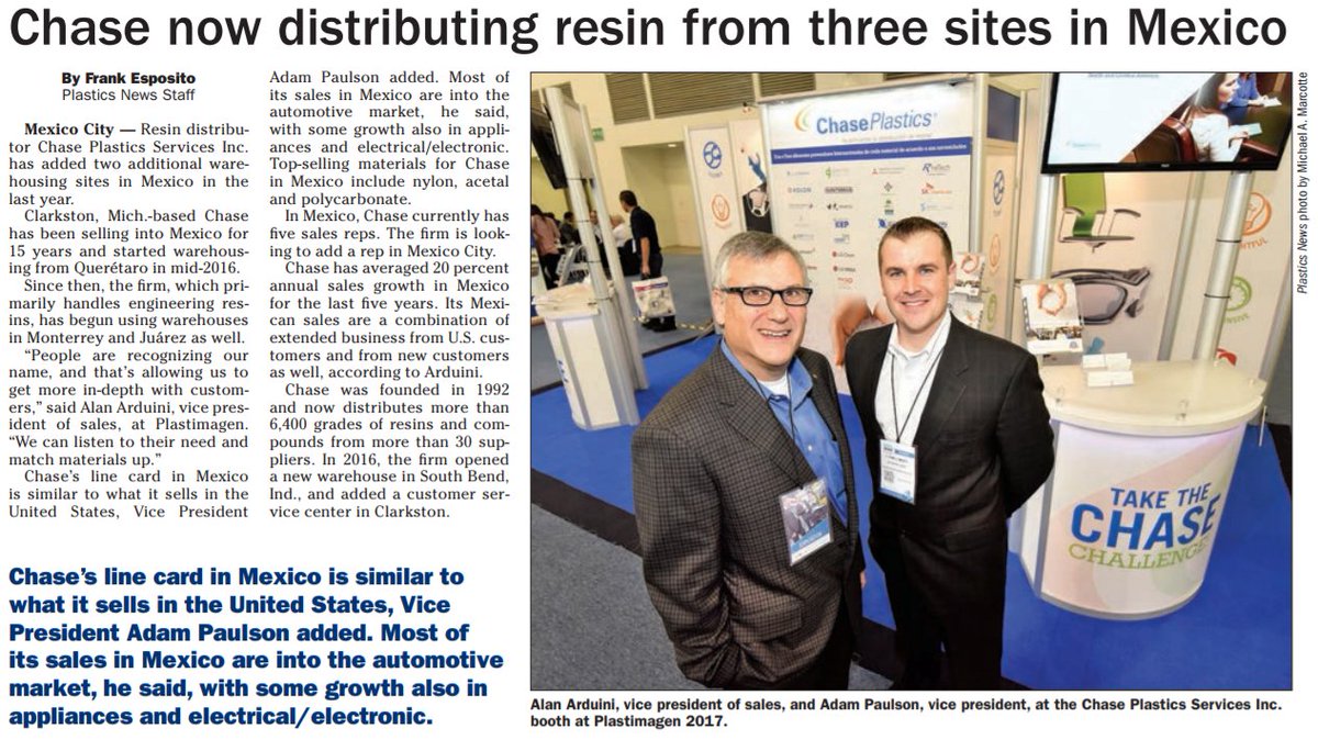 ChasePlastics1's tweet photo. Great article in Plastics News about our expansion into Mexico #Plastimagen #Chaseplastics https://t.co/k5lvii9V9L