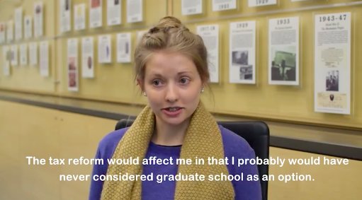 StuAidAlliance's tweet photo. Watch these #GradVoices explain how the House tax bill will treat tuition waivers as taxable income. Contact Congress and tell lawmakers: #donttaxeducation. https://t.co/zQ61OmWLwl https://t.co/fccwRPHmDq